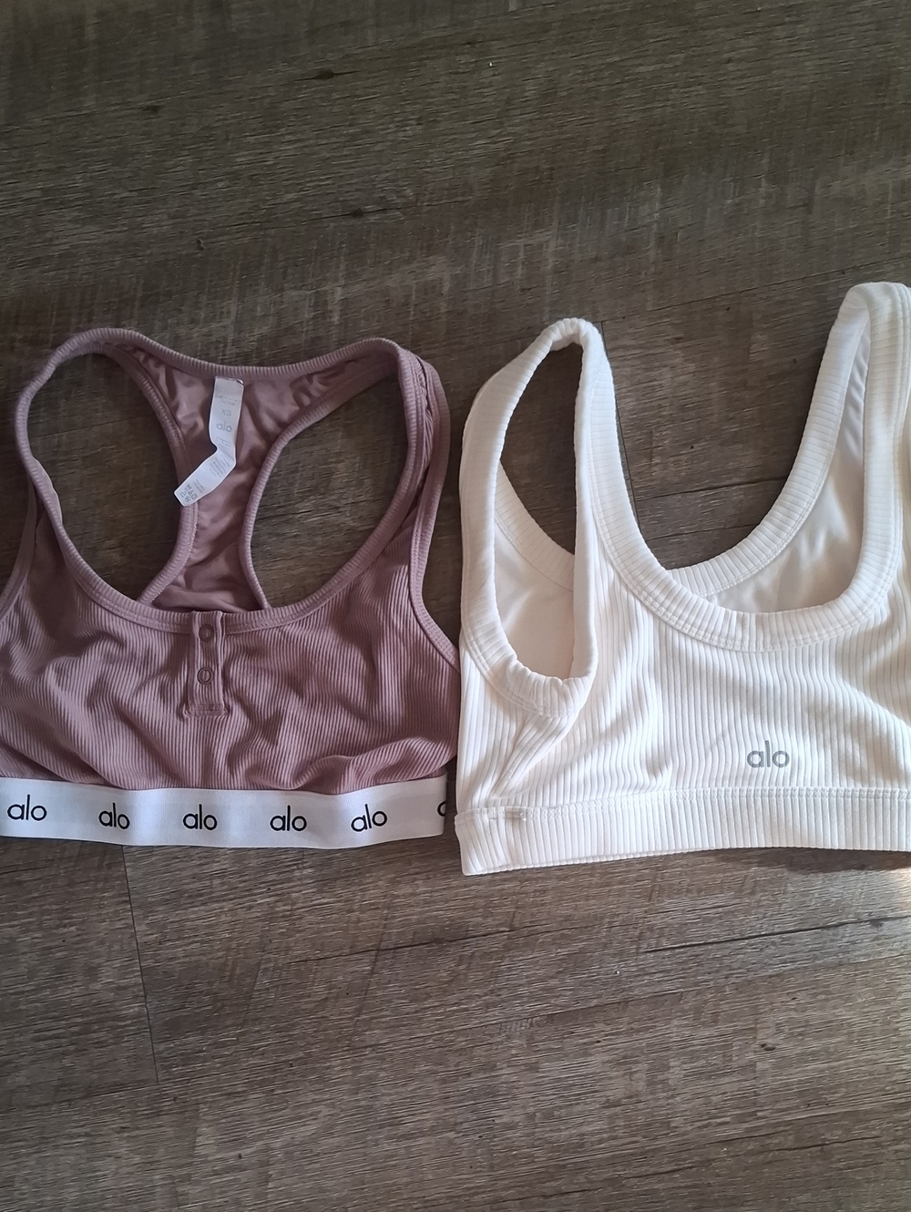 ALO Yoga Ribbed Racerback Sports Bras — Mauve & Cream Duo